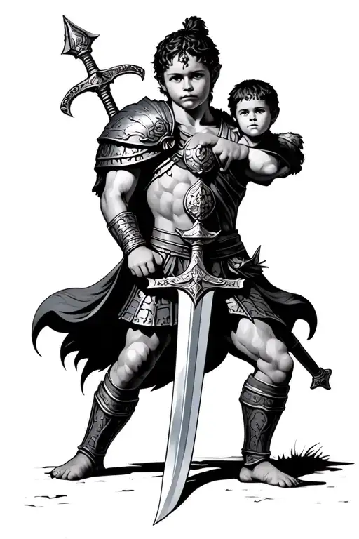 Roman Warrior Child With A Sword That Follows His Daddy