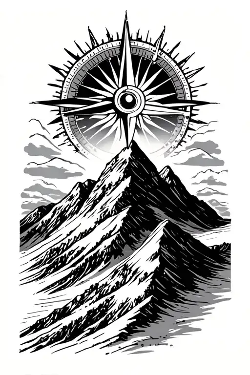 Mountain With Ski Slope And Compass Rose As Sun