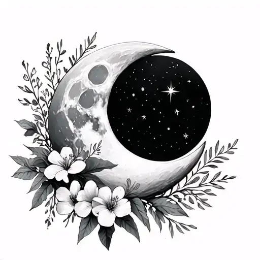 Cresent Moon With Australian Native Flowers Blooming Tattoo