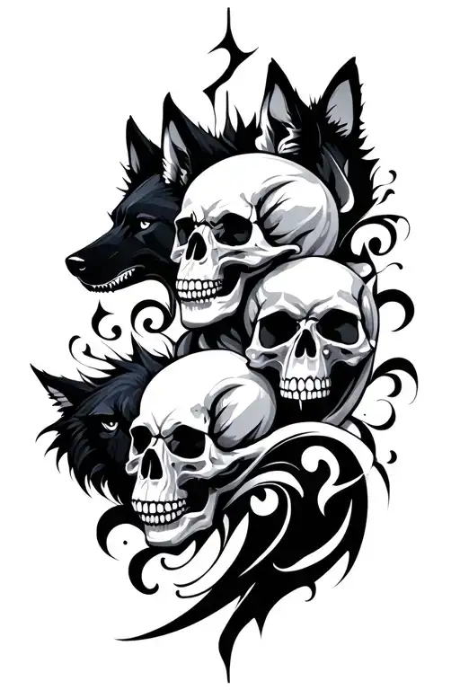 Curvy Geometrical Shapes With Skulls And Wolves And Darkness