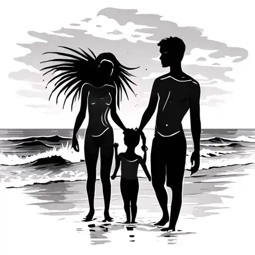 Family Silhoutte Mom Dad Son On Beach Scene