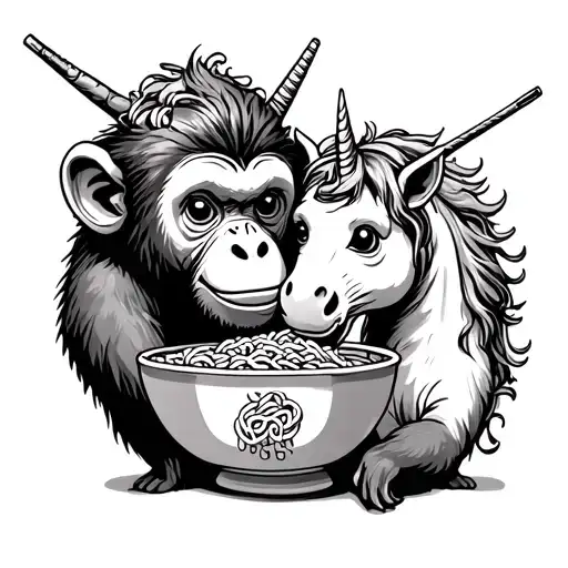Monkey And Unicorn Sharing Ramen Noodles