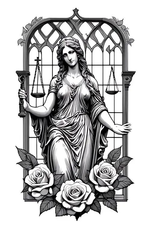 Lady Justice With Church Windows Behind Roses And Craks