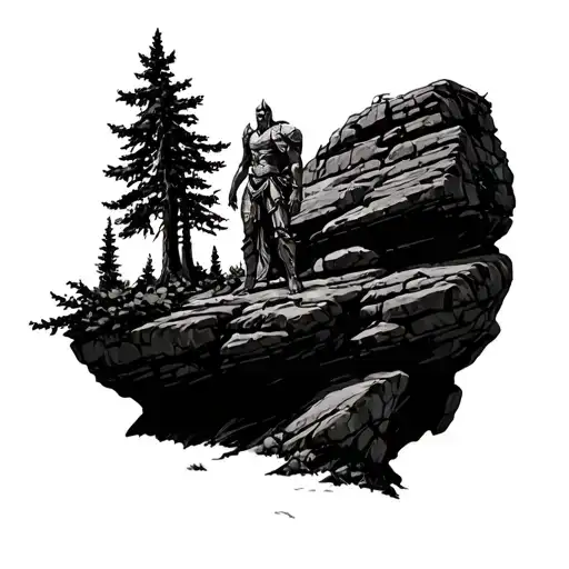 Old Colossal Rock Sculpture In The Forest With Overgrown Foliage And Warrior Statues