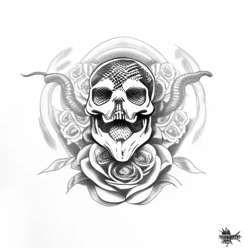 Snake Coming Out Of The Bottom Of A Skull Surrounded With Black Roses With A Raven On The Skull