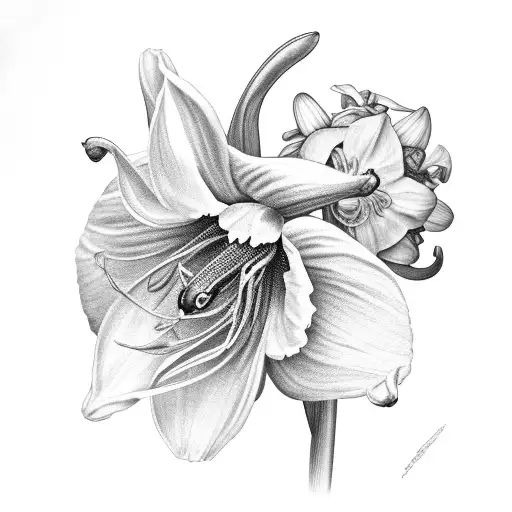 A Black-grey Realistic Portrait Of A Daffodil And Guernsey Lily