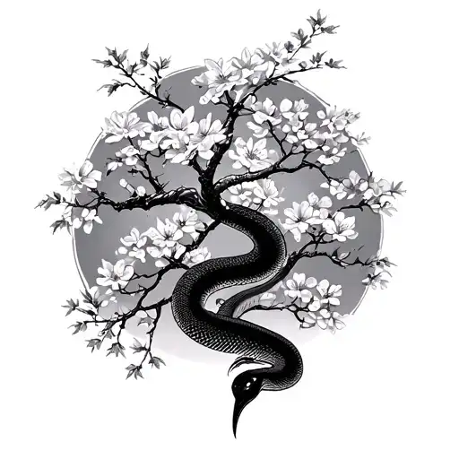 Snake Bird Cherry Blossom Tree