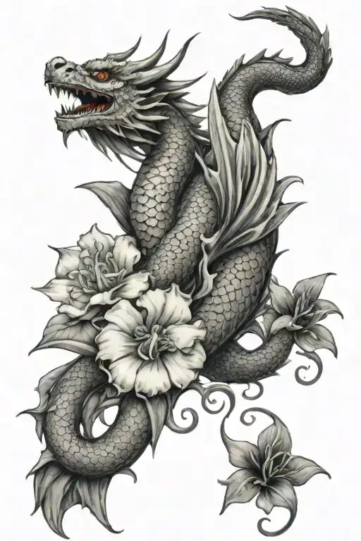 Dragon Wrapped With 2 Koi Fish And Some Hibiscus Flowers