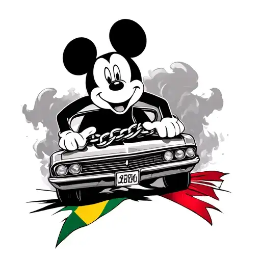Gangster Mickey Mouse With A Chain With A Guyana Flag Below Has A Car Drifting With Smoke