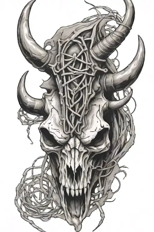 Bull Skull With One Set Of Horns Wearing Barbed Wire Around It's Horns
