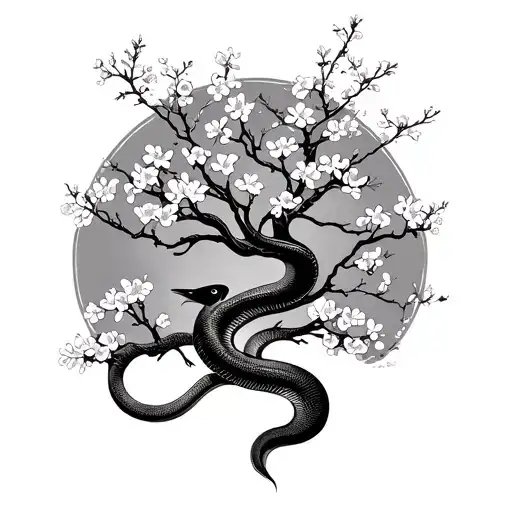 Snake Bird Cherry Blossom Tree