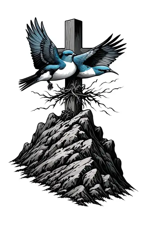 Two Swallows Around A Christian Cross Planted On The Summary Of A Mountain