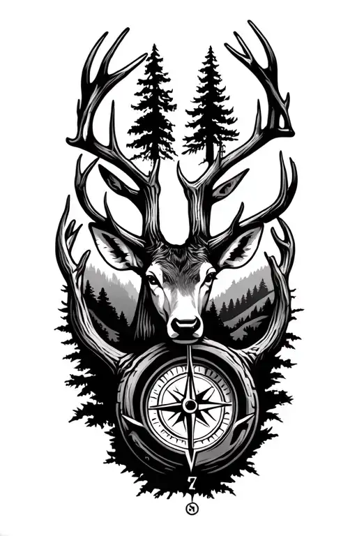 Forest Landscape Surrounded By Deer Antlers With Compass