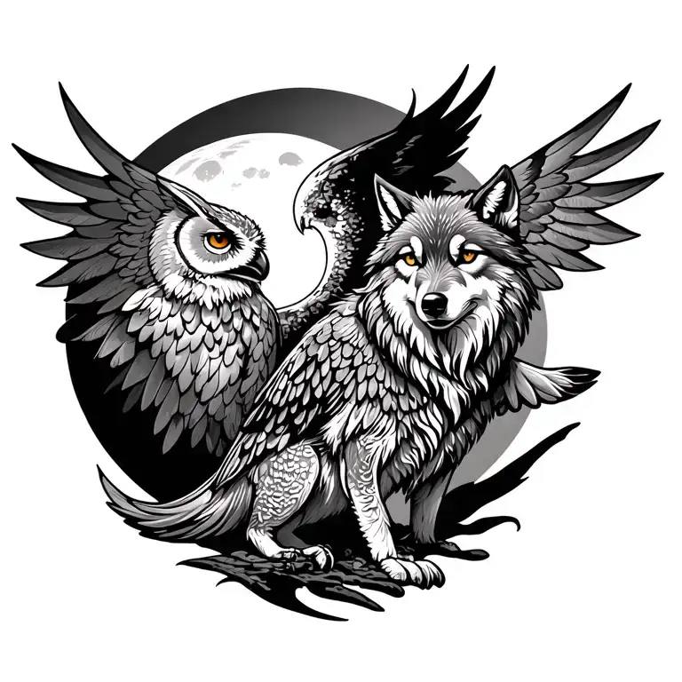 Wolf And An Owl With Open Wings And Full Moon