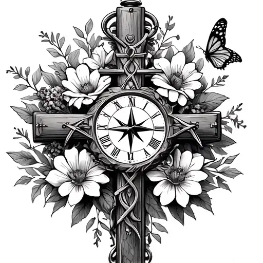 Simple Cross Surrounded With Flowers And Compass And Pocket Watch And A Butterfly