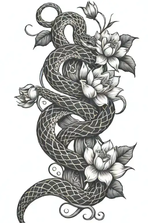 A Snake Intertwined With Lotus Flowers And Vines