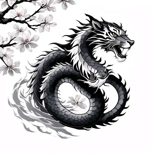 Serpent Dragon And Tiger Surrounded By Wind And Cherry Blossoms