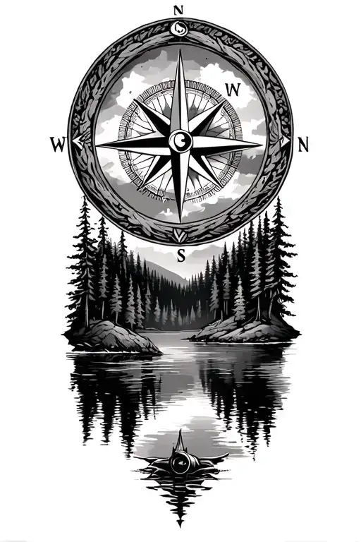 Detailed Compass Rose Surrounded By Forest On Top And Lake On Bottom