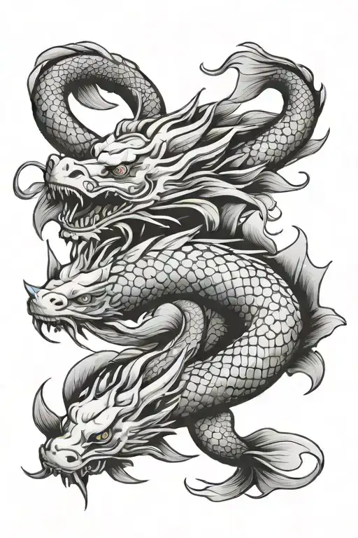 Dragon With 2 Koi Fish Swimming Gracefully