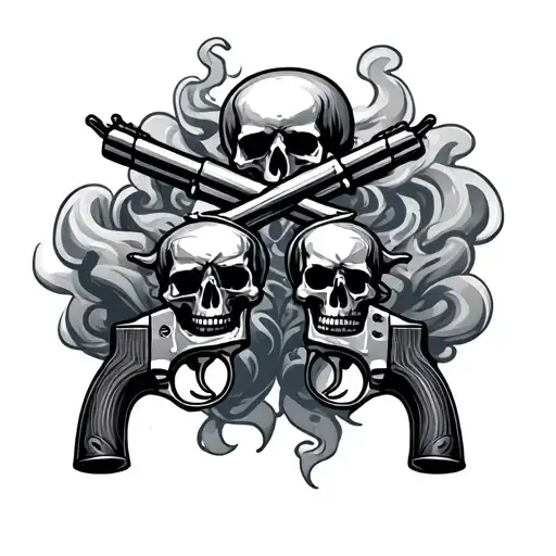 Two Revolvers Crossing With Skull And Smoke Around Them