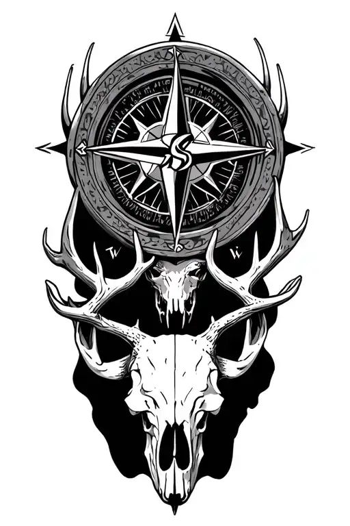 Detailed Compass Rose Surrounded By Deer Skull