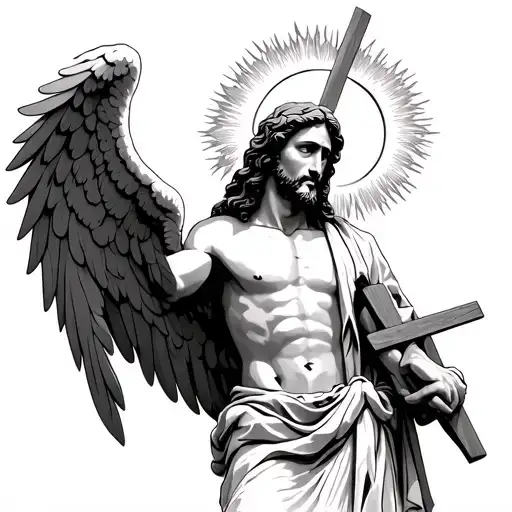 Jesus Holding The Cross With Angel Wings And A Halo