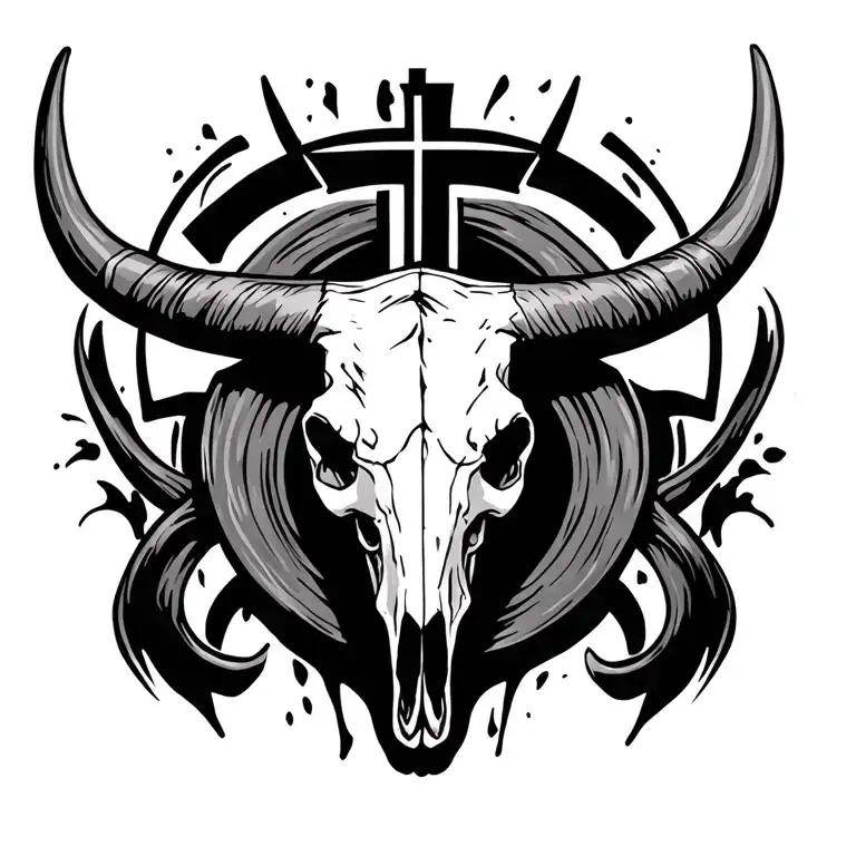 Longhorn Bull Skull With Cross Behind It