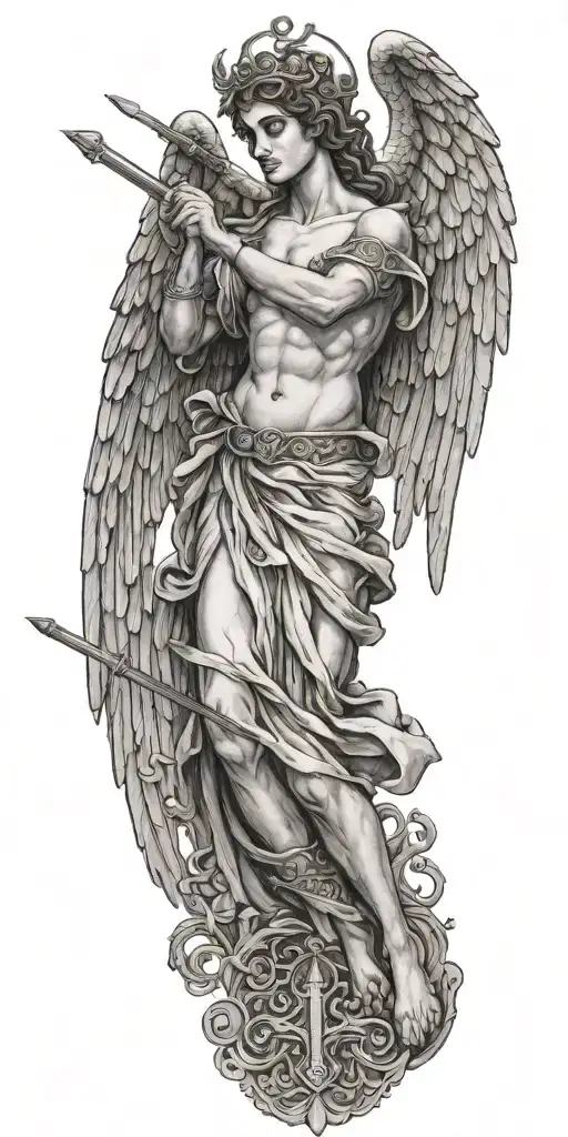 Greek Style Angel With Wings Spread Wide And A Cross And Sword Behind