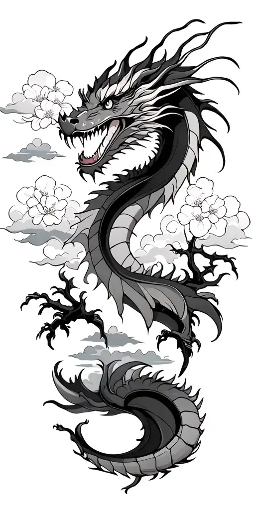 Dragon With Clouds And Cherry Blossom Tree