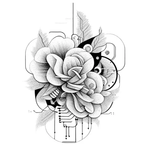 An Abstract Design Combining Flowers And Circuitry Elements