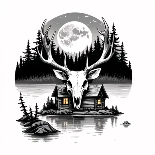 Deer Skull With Moon Over A Cabin On A Lake Surrounded By Dense Forest