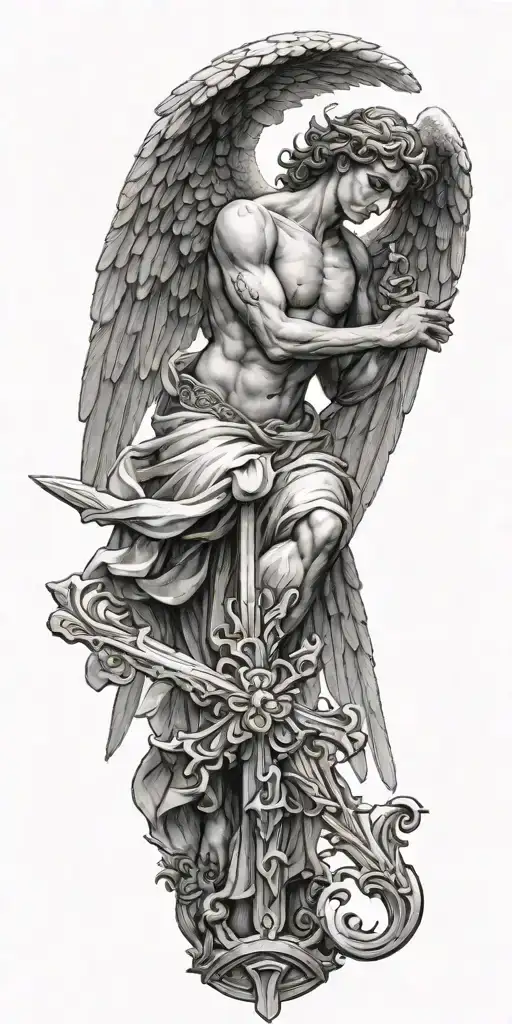 Greek Style Angel With Wings Spread Wide And A Cross And Sword Behind