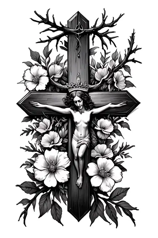 Feminine Cross With Flowers Around It And Jesus' Thorn Crown In The Middle