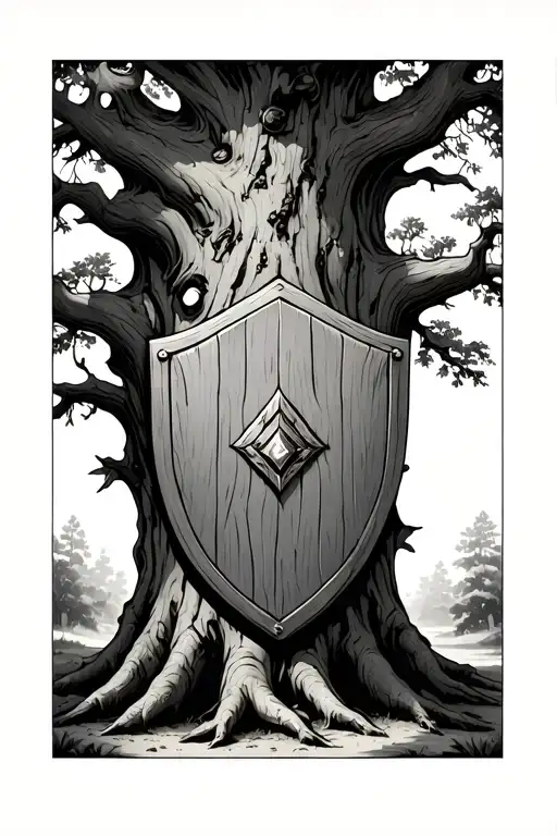 Large Oak Tree With Wooden Shield Embedded In The Trunk