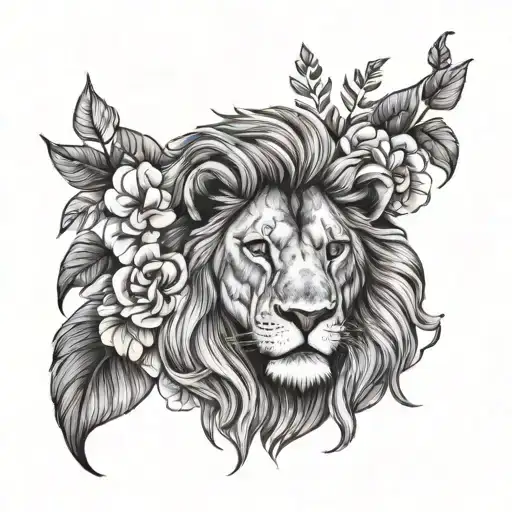 Male Lion With A Floral Background