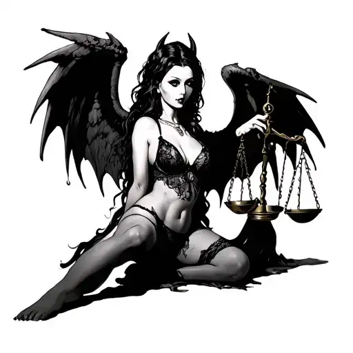 Scary Girl In Sexy Lingerie With Demon Wings Holds Scales Of Justice