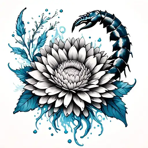 Scorpion And Chrysanthemum Flower With Blue Water Color