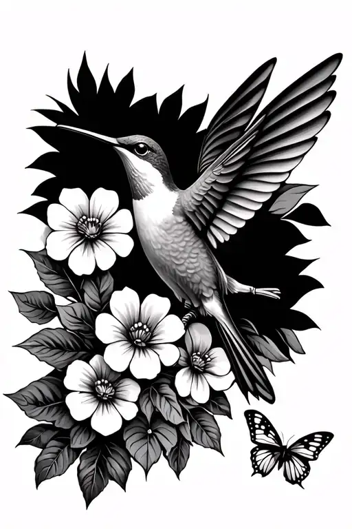 Jamaican Humming Bird With Flowers And Butterflies