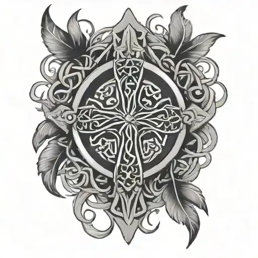 Celtic Cross Indian Shield Vines Feathers