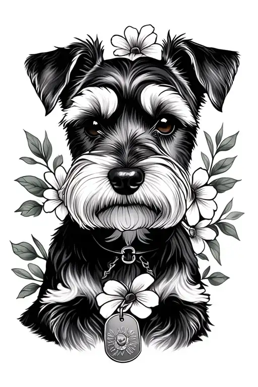Miniature Schnauzer Dog Up Right Ears With Flowers Intertwined And Dog Tag With Ceasar