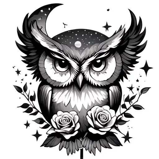 Owl With Moon And Stars And Roses