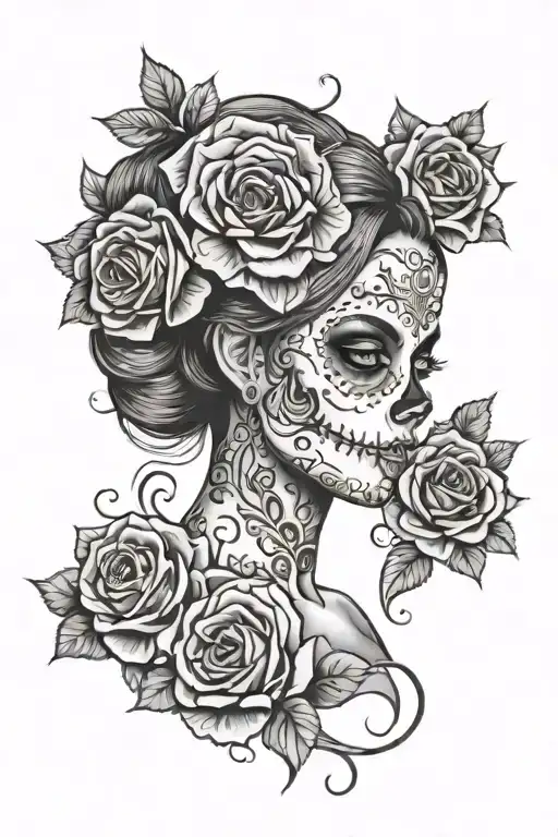 Girl Sugar Skull With Two Roses Blooming