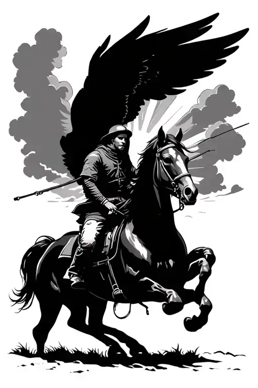 Horse Rider Riding Away From Angel Of Death With Sunrays And Clouds