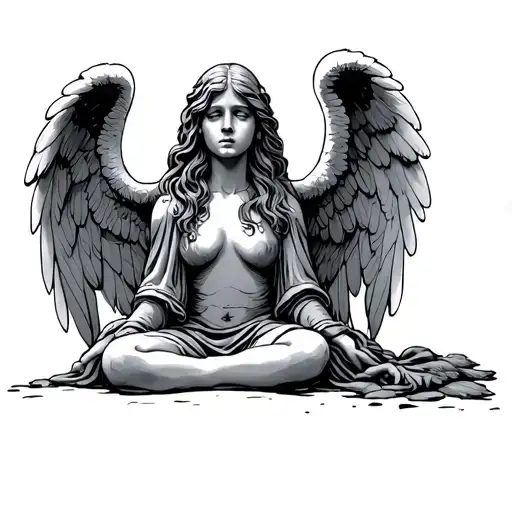 Girl Weeping Angel Sitting Down With Wings Up