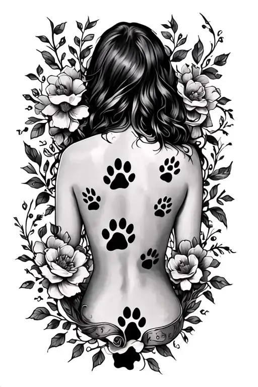 Off Centered Back Tattoo With Dog Paw Prints And Floral Vines