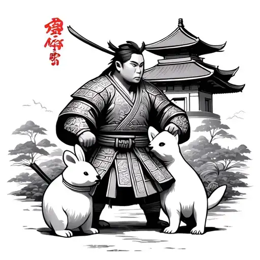 Japanese Samurai Protecting A Small Bear And Bunny Rabbit With A Temple In The Background