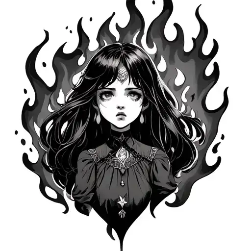A Yong Sad Magical Girl On Fire Flames