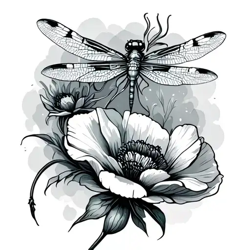 Dragon Fly And Poppy Blooming