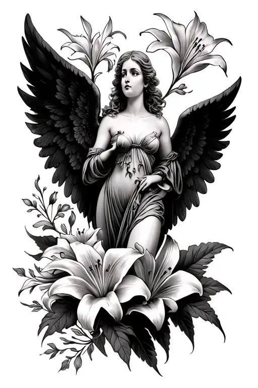 Leg Sleeve With Lily Flowers And Old Style Angel