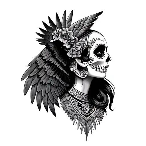 Women Sugar Skull On Only Half Her Face Wearing Aztec Winged Sphinx